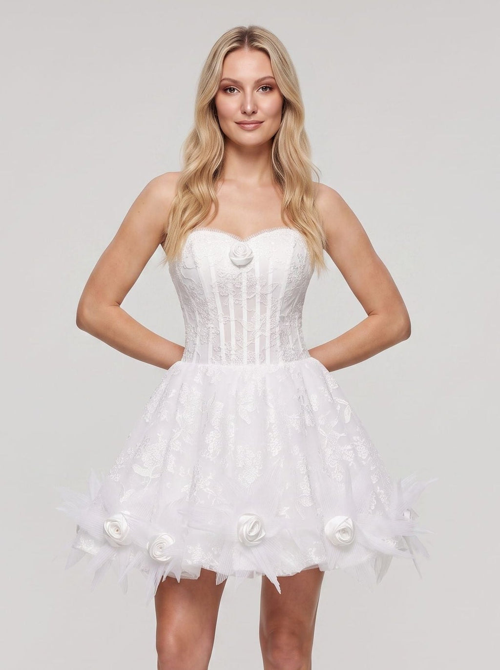 White Lace A-Line Sweetheart Lace-up Short Dress with 3D Floral - Curvevia