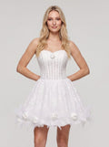 White Lace A-Line Sweetheart Lace-up Short Dress with 3D Floral - Curvevia