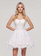 White Lace A-Line Sweetheart Lace-up Short Dress with 3D Floral - Curvevia