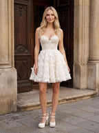 White Lace A-Line Sweetheart Lace-up Short Dress with 3D Floral - Curvevia