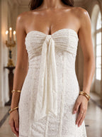 White Lace A-Line Sweetheart Back Zip Short Dress with Front Bow Detail - Curvevia