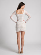 White Lace Sheath Halter neckline Backless Short Dress with Sheer Sleeves - Curvevia