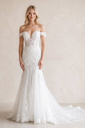 White Long Tulle Mermaid Wedding Dress with Lace Appliques - Curvevia