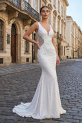  White Mermaid V-Neck Beaded Long Prom Dress - Curvevia