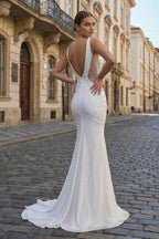  White Mermaid V-Neck Beaded Long Prom Dress - Curvevia
