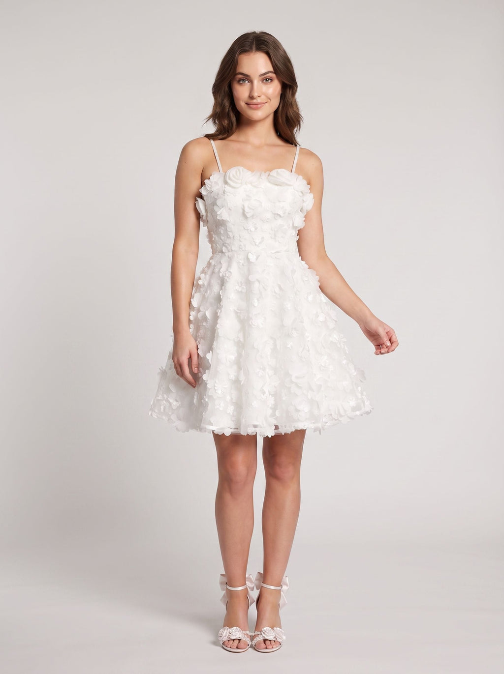 White Tulle A-Line Square Neck Back Zip Short Dress with 3D Florals - Curvevia