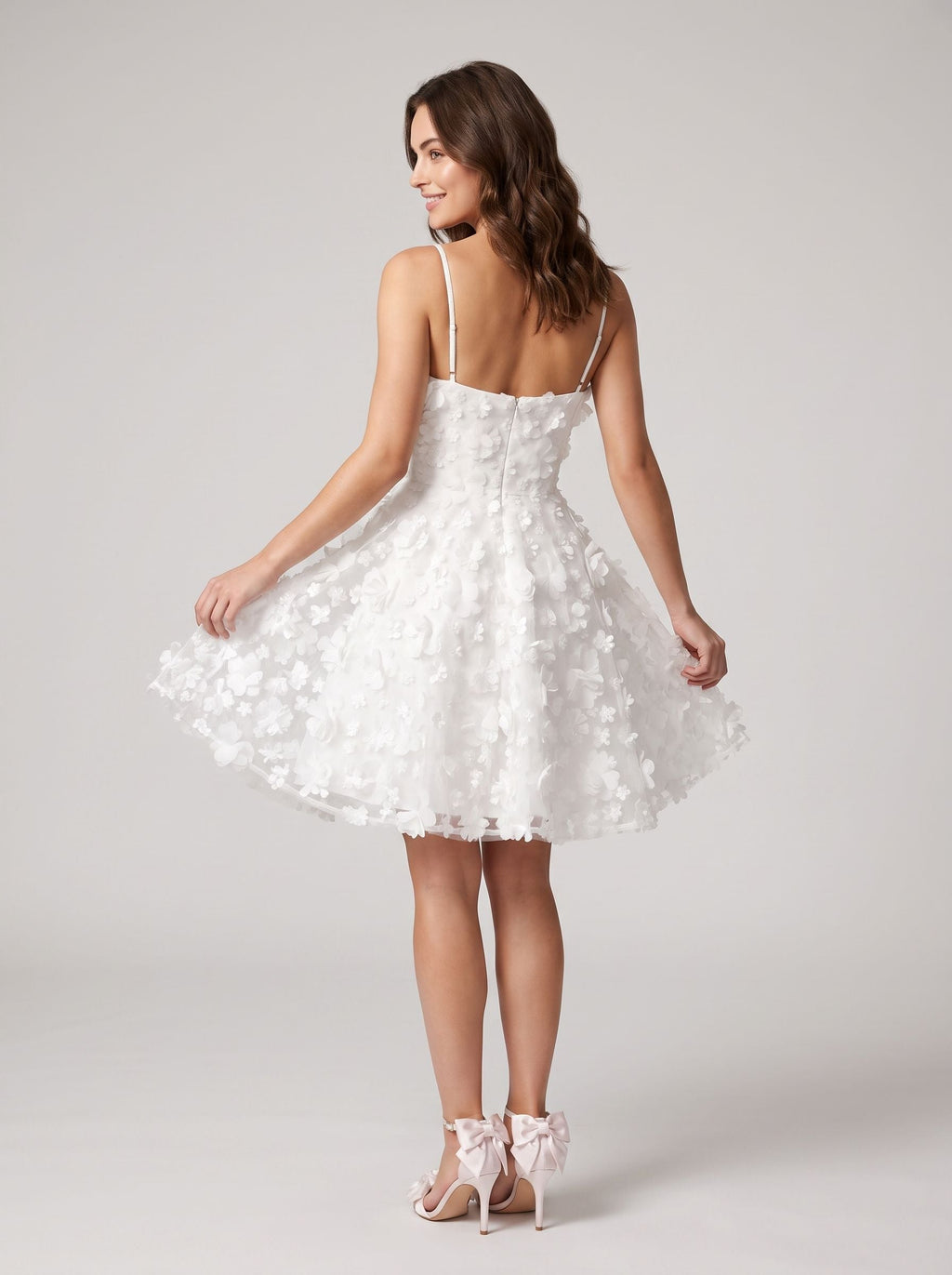 White Tulle A-Line Square Neck Back Zip Short Dress with 3D Florals - Curvevia