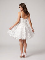 White Tulle A-Line Square Neck Back Zip Short Dress with 3D Florals - Curvevia