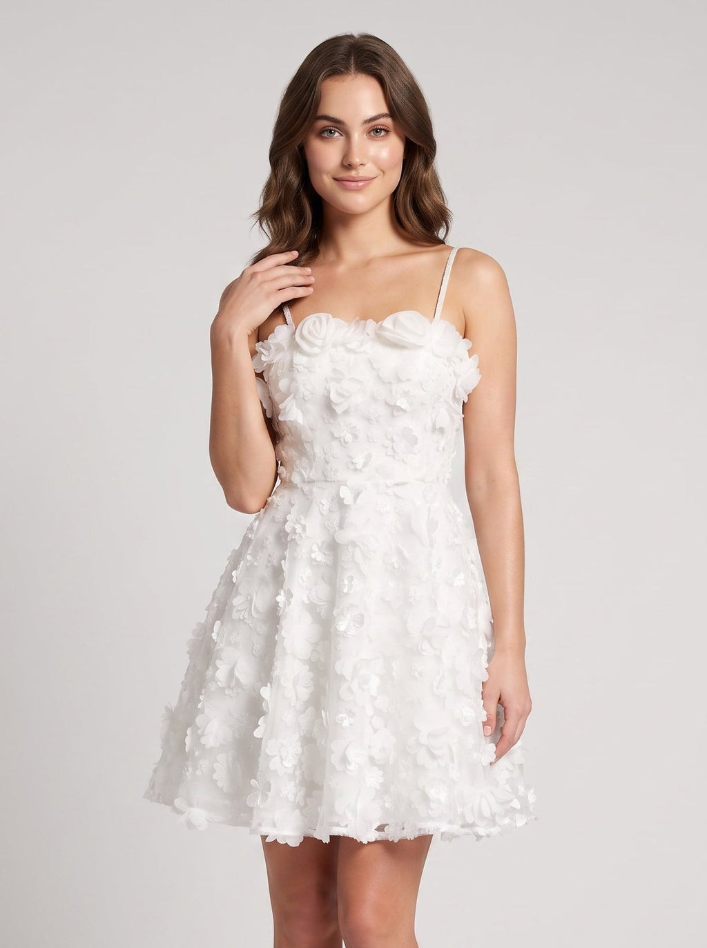 White Tulle A-Line Square Neck Back Zip Short Dress with 3D Florals - Curvevia