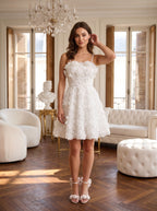 White Tulle A-Line Square Neck Back Zip Short Dress with 3D Florals - Curvevia
