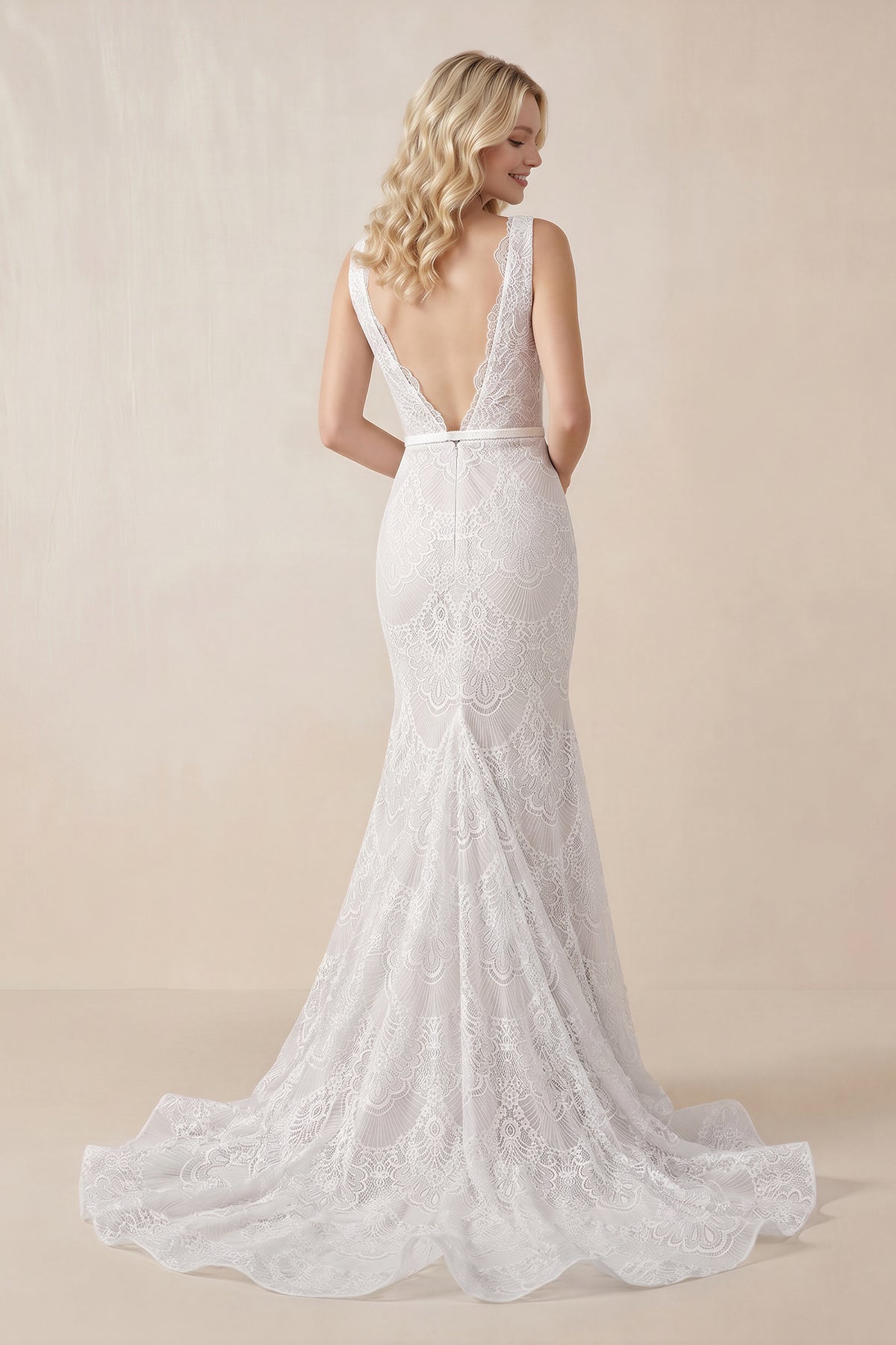 Bohemian Lace wedding Dresses Mermaid V-Neck Backless Bridal Gowns - Curvevia