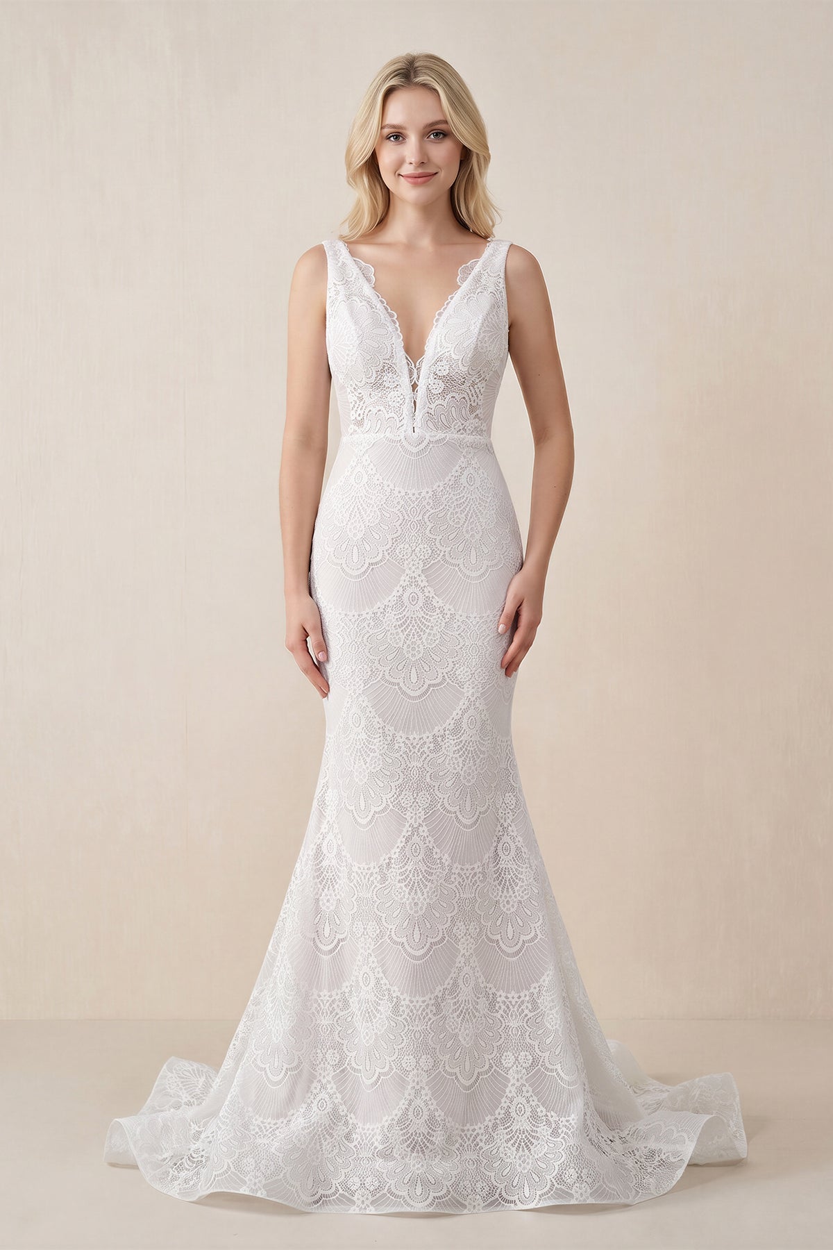 Bohemian Lace wedding Dresses Mermaid V-Neck Backless Bridal Gowns - Curvevia