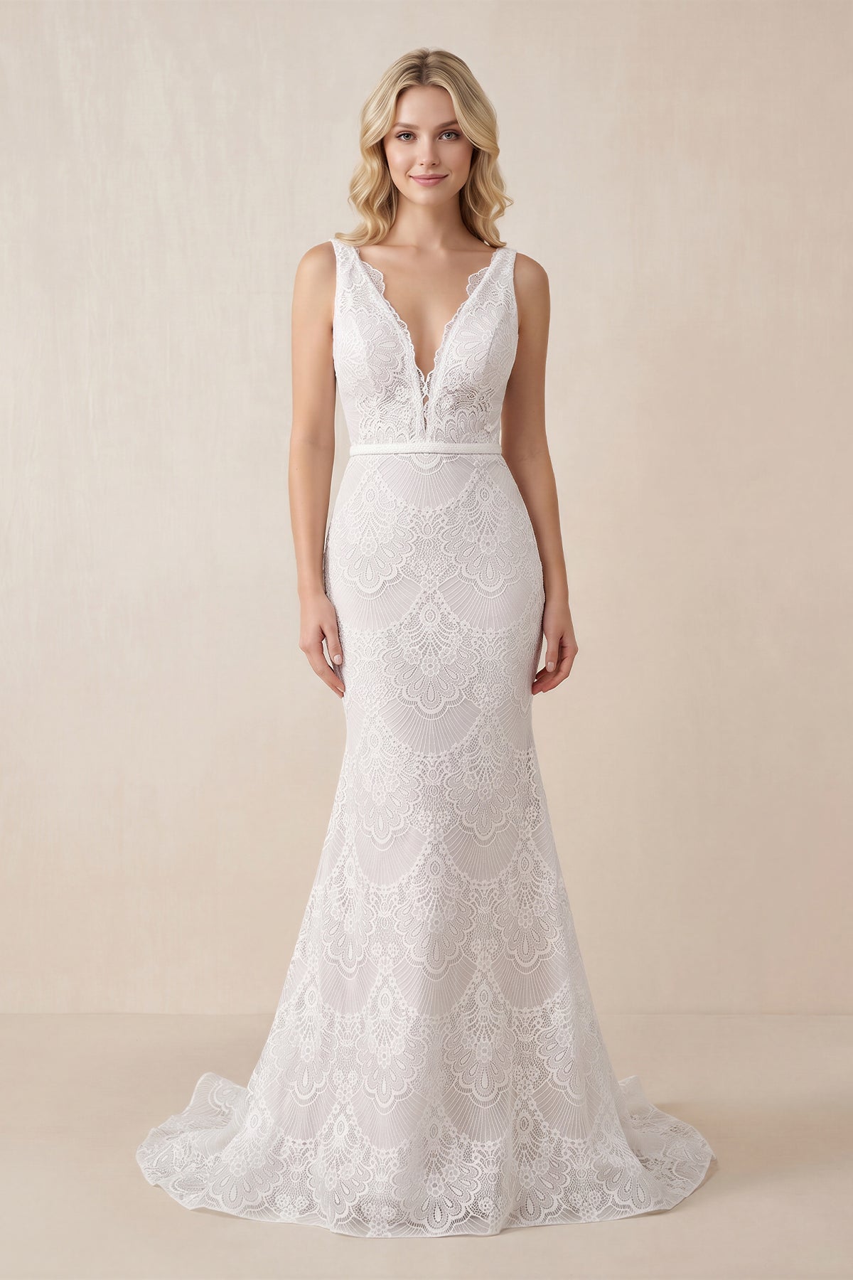 Bohemian Lace wedding Dresses Mermaid V-Neck Backless Bridal Gowns - Curvevia