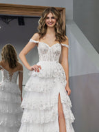 A-Line Lace Off-the-Shoulder Tiered Long Prom Dress with Slit - Curvevia