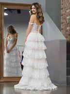 A-Line Lace Off-the-Shoulder Tiered Long Prom Dress with Slit - Curvevia