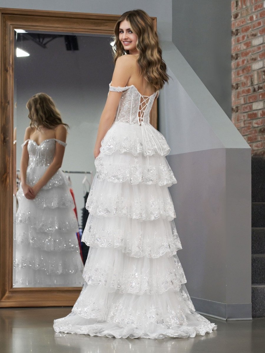 A-Line Lace Off-the-Shoulder Tiered Long Prom Dress with Slit - Curvevia