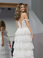 A-Line Lace Off-the-Shoulder Tiered Long Prom Dress with Slit - Curvevia