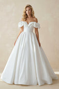 White Puff Off-the-Shoulder Sweeping Long Wedding Dress - Curvevia