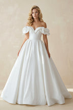 White Puff Off-the-Shoulder Sweeping Long Wedding Dress - Curvevia