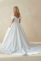 White Puff Off-the-Shoulder Sweeping Long Wedding Dress - Curvevia