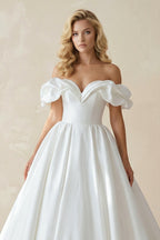 White Puff Off-the-Shoulder Sweeping Long Wedding Dress - Curvevia