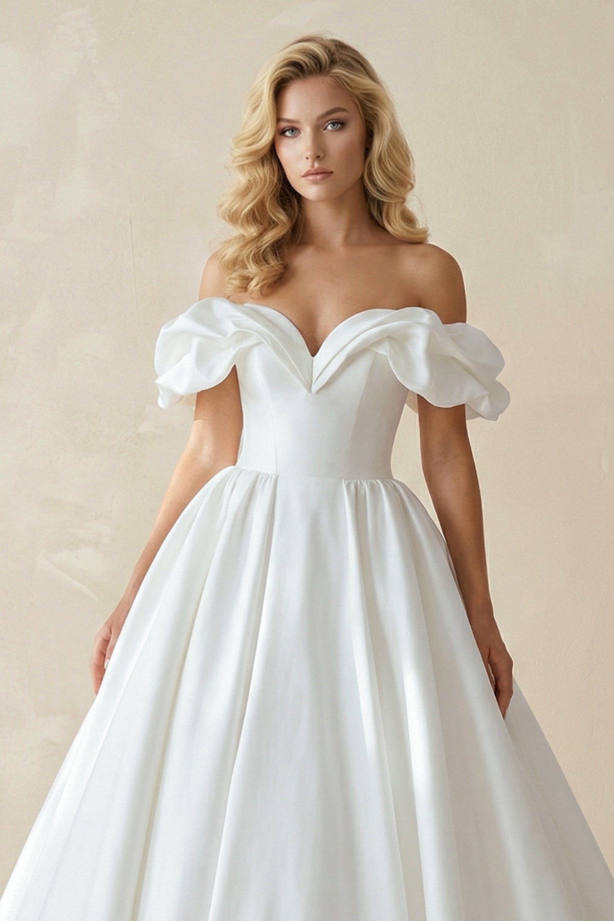 White Puff Off-the-Shoulder Sweeping Long Wedding Dress - Curvevia