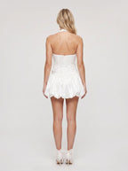 White Satin A-Line Halter Neckline Backless Short Dress with Pleating - Curvevia