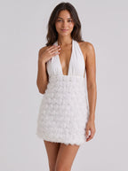 White Satin A-Line Halter neckline Backless Short Dress with Rosette Detail - Curvevia