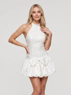 White Satin A-Line Halter Neckline Backless Short Dress with Pleating - Curvevia