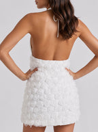 White Satin A-Line Halter neckline Backless Short Dress with Rosette Detail - Curvevia