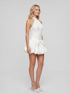 White Satin A-Line Halter Neckline Backless Short Dress with Pleating - Curvevia