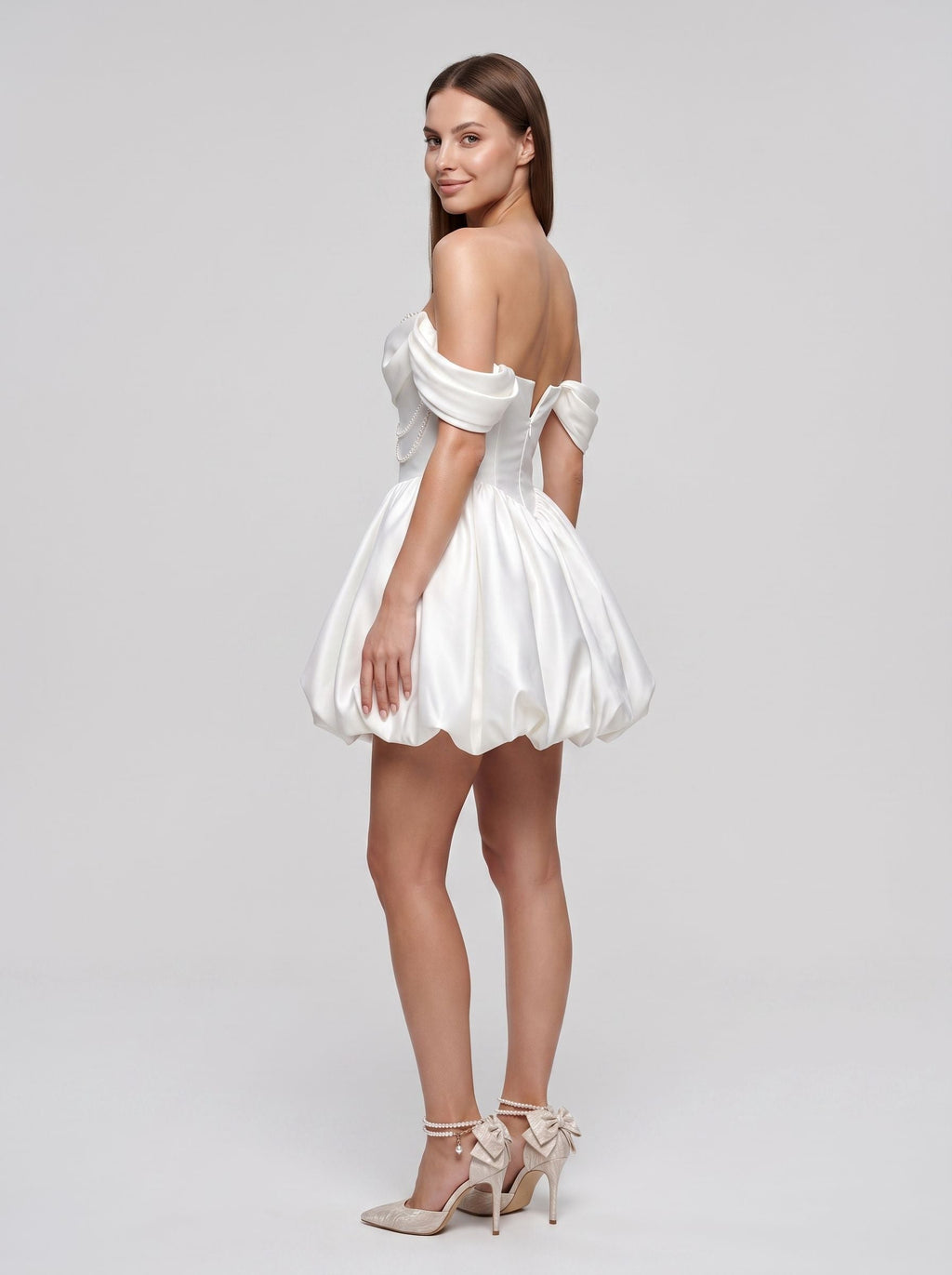 White Satin A-Line Off-the-Shoulder Back Zip Short Dress with Beaded Pleats - Curvevia