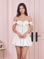White Satin A-Line Off-the-Shoulder Criss-Cross Straps Short Dress with Ruffles - Curvevia