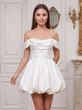 White Satin A-Line Off-the-Shoulder Back Zip Short Dress with Beaded Pleats - Curvevia