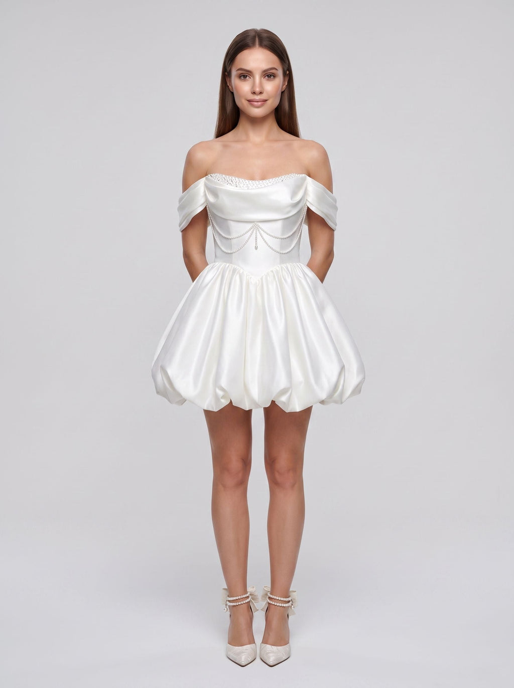 White Satin A-Line Off-the-Shoulder Back Zip Short Dress with Beaded Pleats - Curvevia