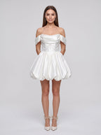 White Satin A-Line Off-the-Shoulder Back Zip Short Dress with Beaded Pleats - Curvevia