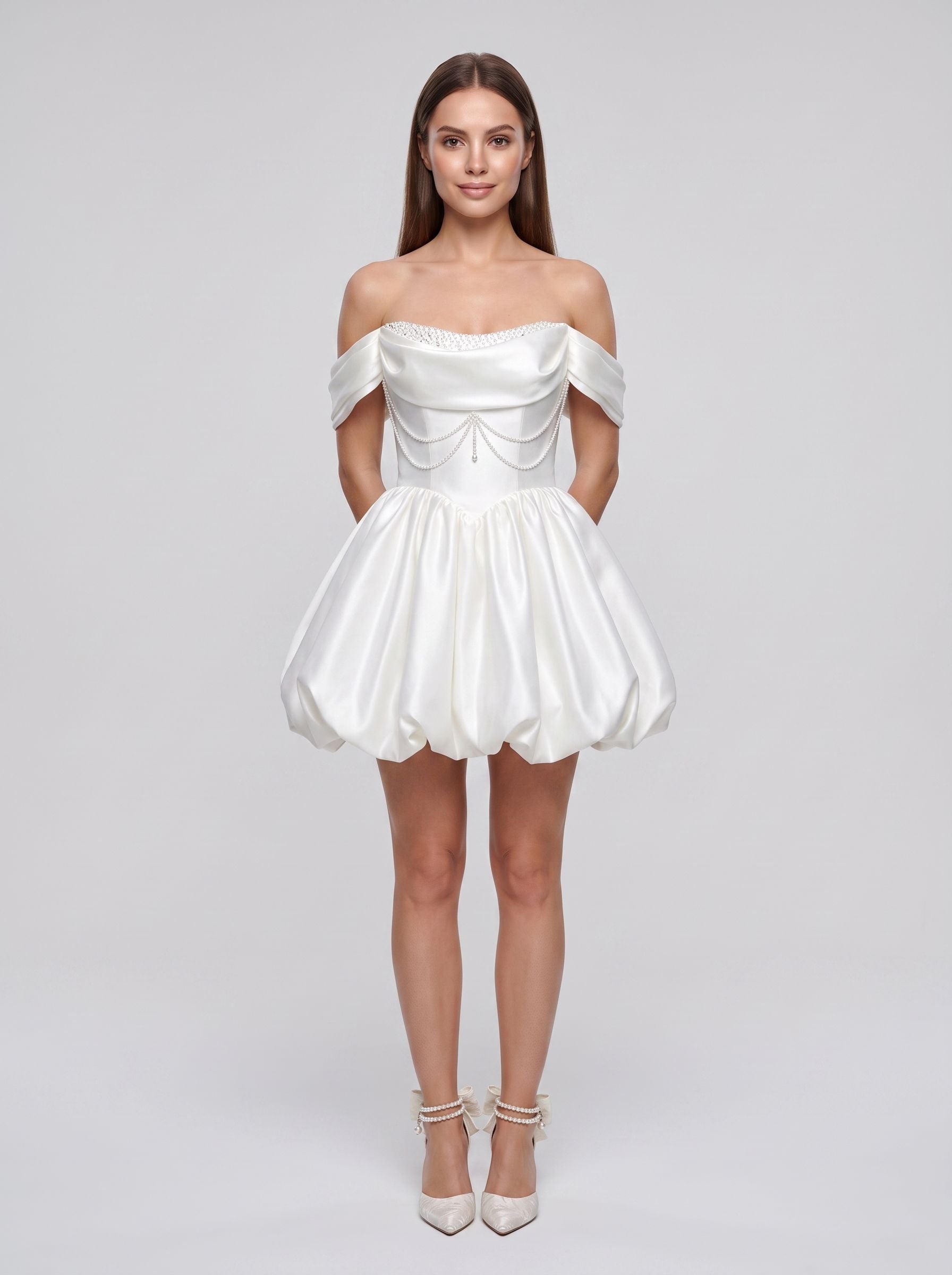 White Satin A-Line Off-the-Shoulder Back Zip Short Dress with Beaded Pleats - Curvevia