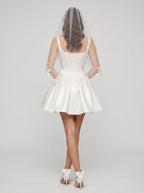 White Satin A-Line Square Neck Back Zip Short Dress with Lace Appliques - Curvevia