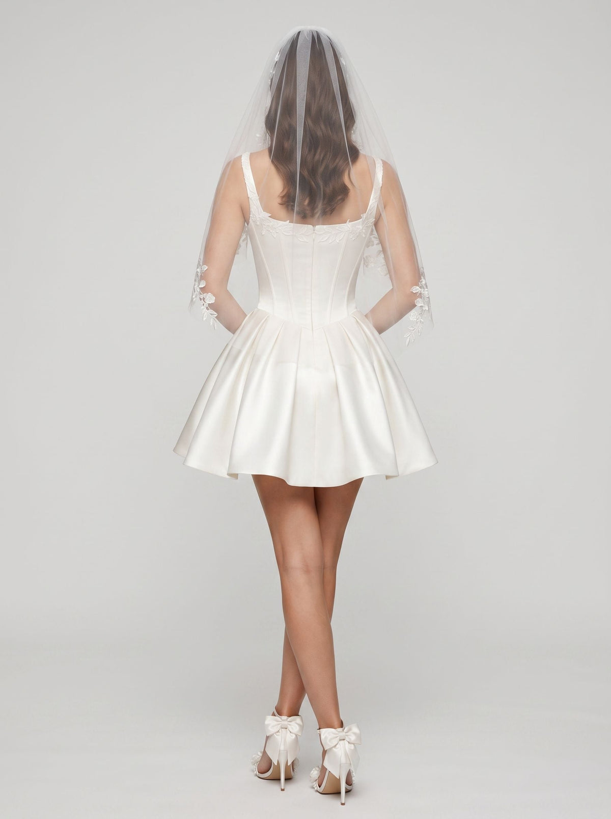 White Satin A-Line Square Neck Back Zip Short Dress with Lace Appliques - Curvevia