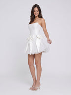 White Satin A-Line Straight Back Zip Short Dress with Corset Bodice and Bow - Curvevia