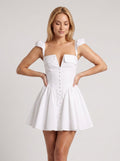 White Matte Satin A-Line V-Neck Back Zip Short Dress with Boning - Curvevia