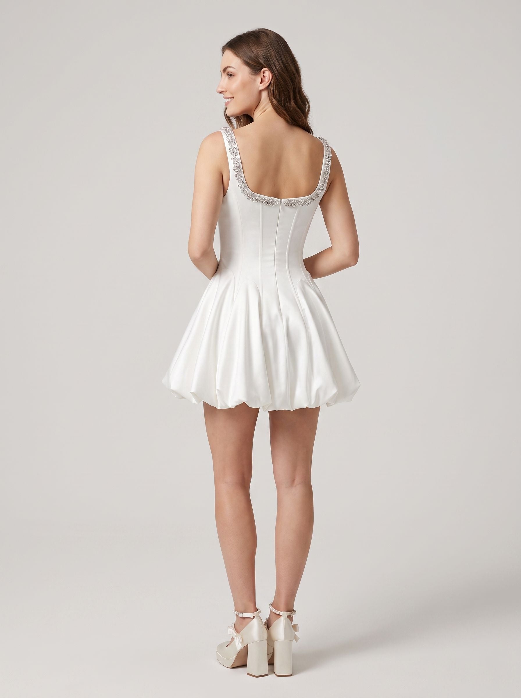 White Satin A-Line Scoop Neck Back Zip Short Dress with Beading - Curvevia