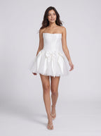 White Satin A-Line Straight Back Zip Short Dress with Corset Bodice and Bow - Curvevia