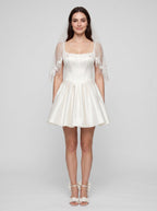 White Satin A-Line Square Neck Back Zip Short Dress with Lace Appliques - Curvevia