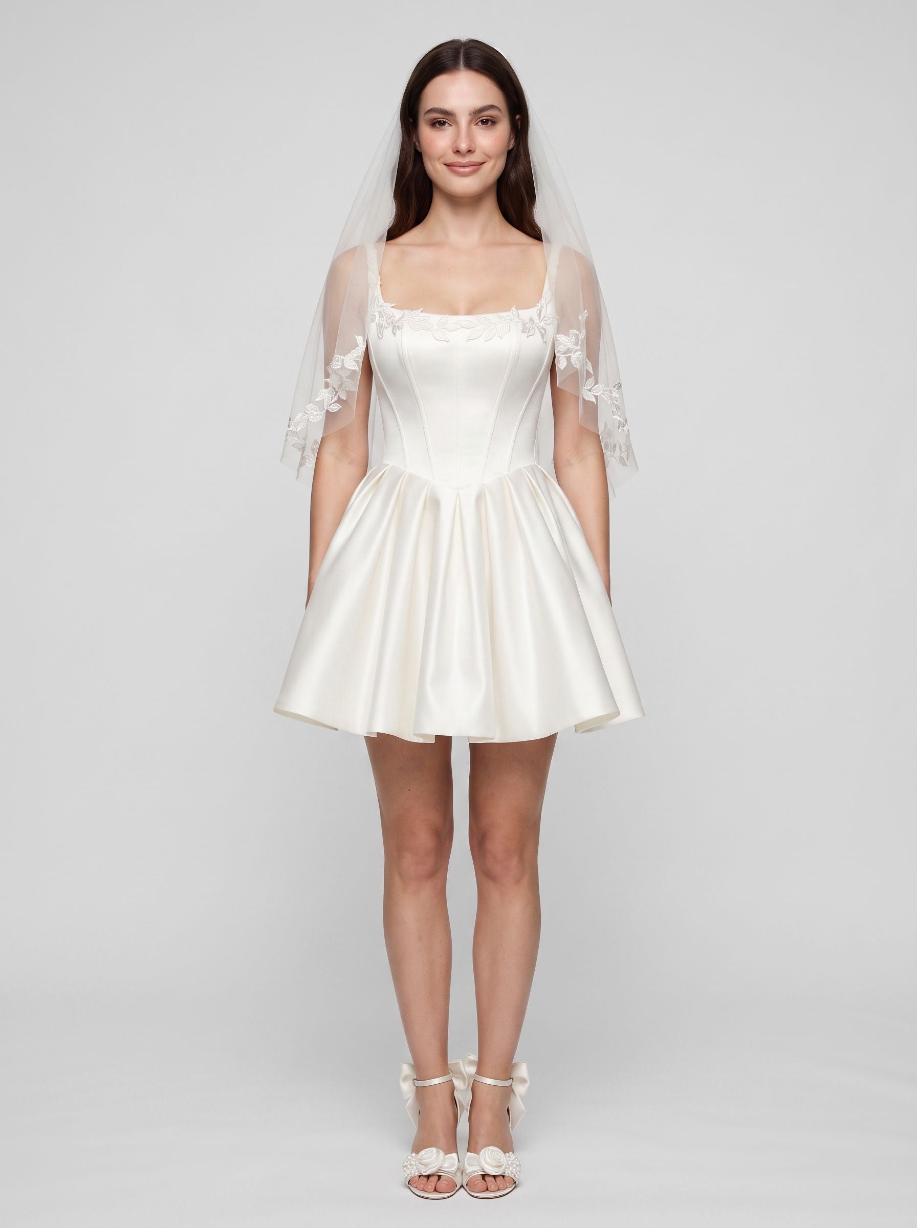 White Satin A-Line Square Neck Back Zip Short Dress with Lace Appliques - Curvevia