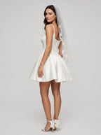 White Satin A-Line Square Neck Back Zip Short Dress with Lace Appliques - Curvevia