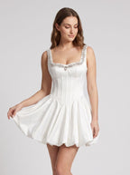 White Satin A-Line Scoop Neck Back Zip Short Dress with Beading - Curvevia