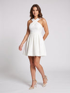 White Satin A-Line V-Neck Backless Short Dress with Pleated Bodice - Curvevia