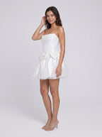 White Satin A-Line Straight Back Zip Short Dress with Corset Bodice and Bow - Curvevia