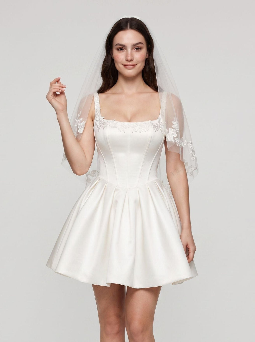 White Satin A-Line Square Neck Back Zip Short Dress with Lace Appliques - Curvevia